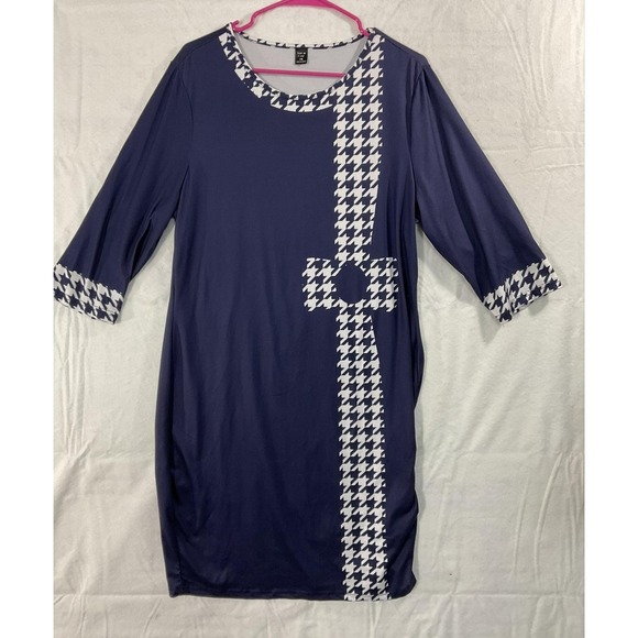 SHEIN Dresses & Skirts - SheIn Dress Womens L/XL Blue Houndstooth Bow 3/4 Sleeve Shift Knee Length Jersey